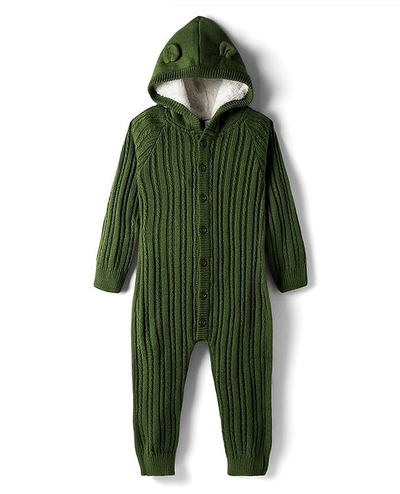 Babyhug Sweater Knit Full Sleeves Winter Wear Solid Hooded Romper - Dark Green