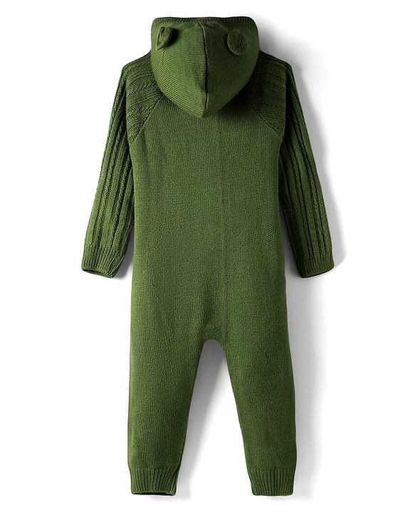Babyhug Sweater Knit Full Sleeves Winter Wear Solid Hooded Romper - Dark Green