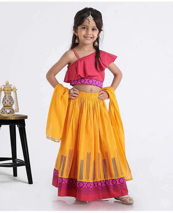 Babyhug One Shoulder Choli WIth Printed Lehenga & Netted Dupatta - Pink Yellow - 18-24 M Yellow