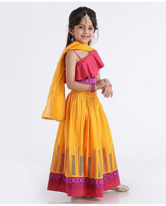 Babyhug One Shoulder Choli WIth Printed Lehenga & Netted Dupatta - Pink Yellow - 18-24 M Yellow