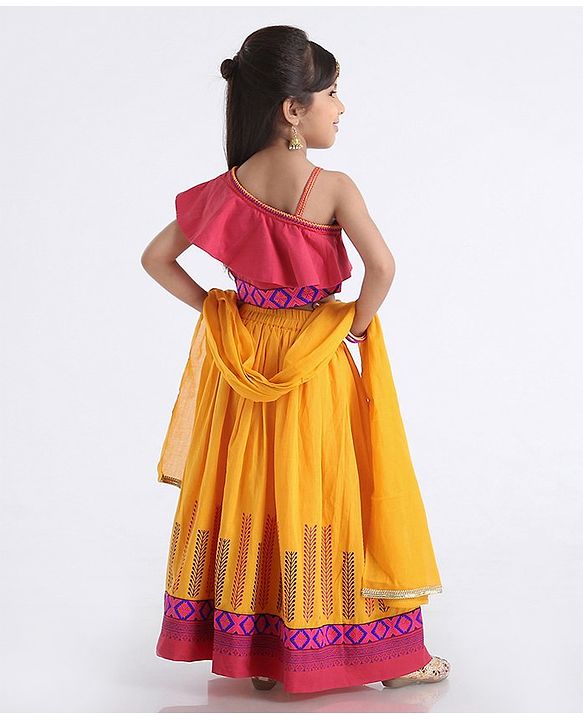Babyhug One Shoulder Choli WIth Printed Lehenga & Netted Dupatta - Pink Yellow - 18-24 M Yellow