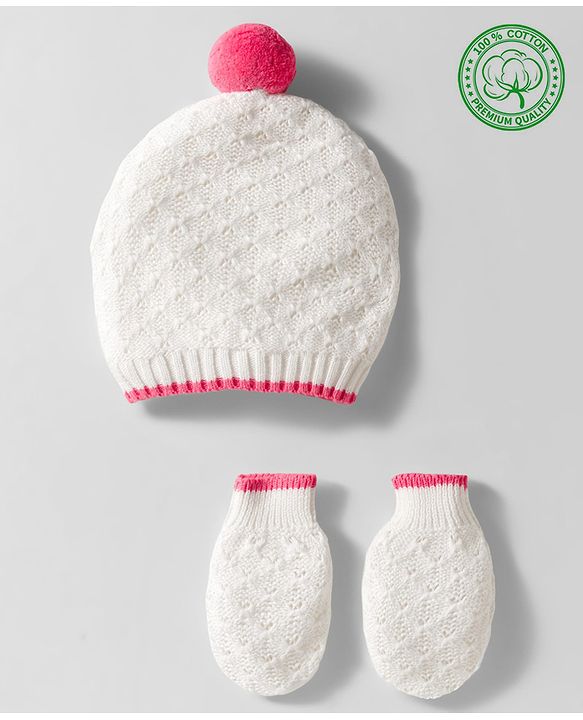 Babyhug Organic Cotton Knit Woollen Cap & Mittens With Knit Design with White & Pink - Diameter 17 cm