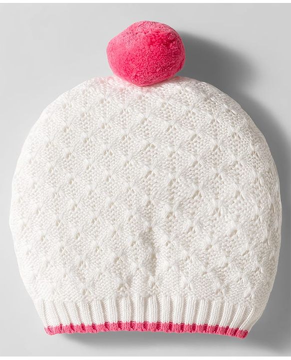 Babyhug Organic Cotton Knit Woollen Cap & Mittens With Knit Design with White & Pink - Diameter 17 cm