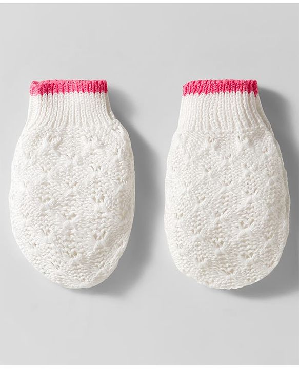 Babyhug Organic Cotton Knit Woollen Cap & Mittens With Knit Design with White & Pink - Diameter 17 cm