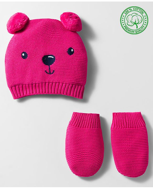 Babyhug Organic Cotton Knit Woollen Cap & Mittens With Teddy & Ear Applique Fuschia - Diameter 9 cm