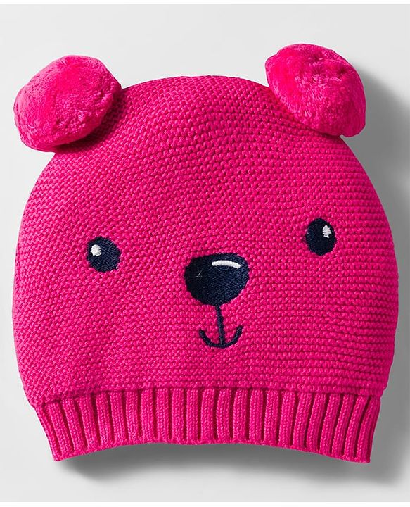 Babyhug Organic Cotton Knit Woollen Cap & Mittens With Teddy & Ear Applique Fuschia - Diameter 9 cm