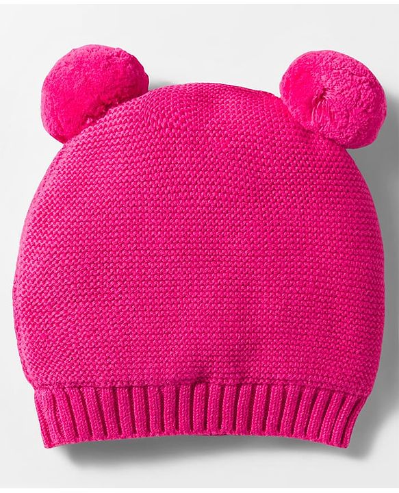 Babyhug Organic Cotton Knit Woollen Cap & Mittens With Teddy & Ear Applique Fuschia - Diameter 9 cm