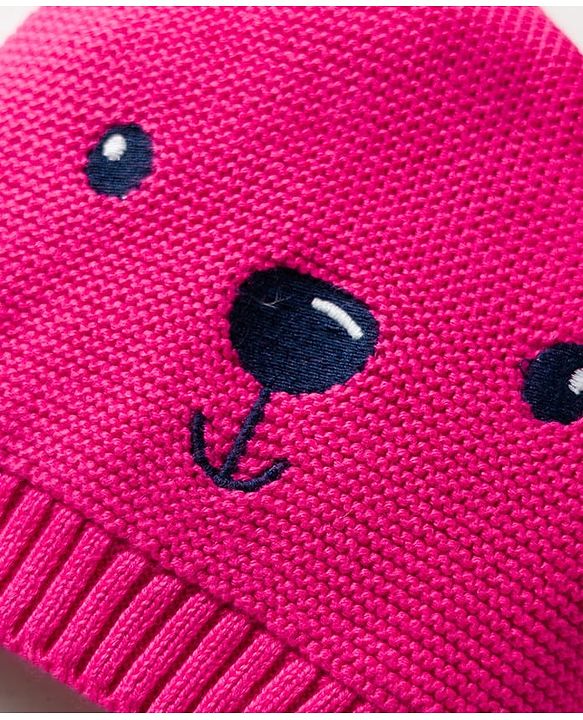 Babyhug Organic Cotton Knit Woollen Cap & Mittens With Teddy & Ear Applique Fuschia - Diameter 9 cm