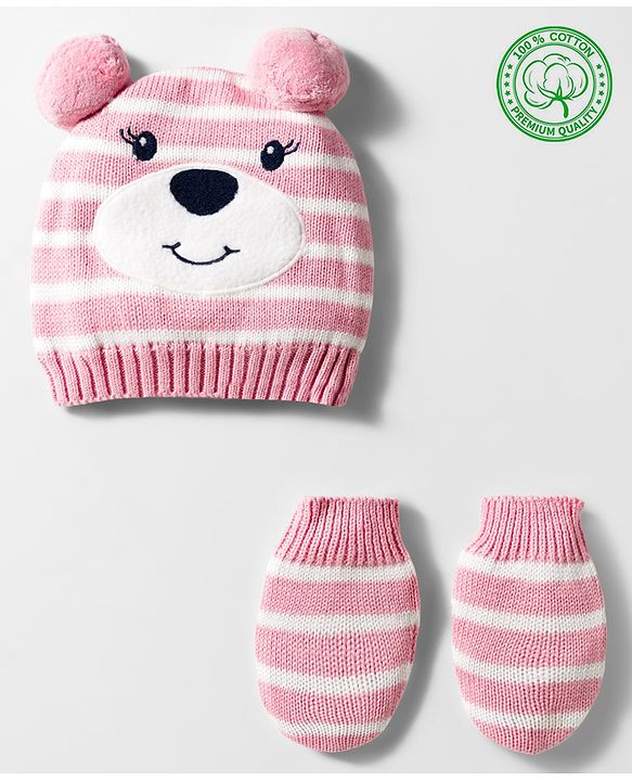 Babyhug Organic Cotton Knit Woollen Cap & Mittens With Teddy & Ear Applique Pink & White - Diameter 9 cm