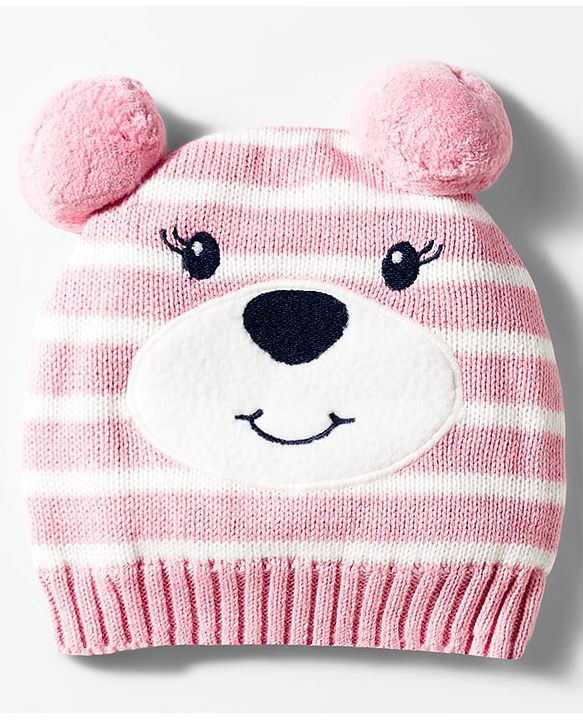 Babyhug Organic Cotton Knit Woollen Cap & Mittens With Teddy & Ear Applique Pink & White - Diameter 9 cm