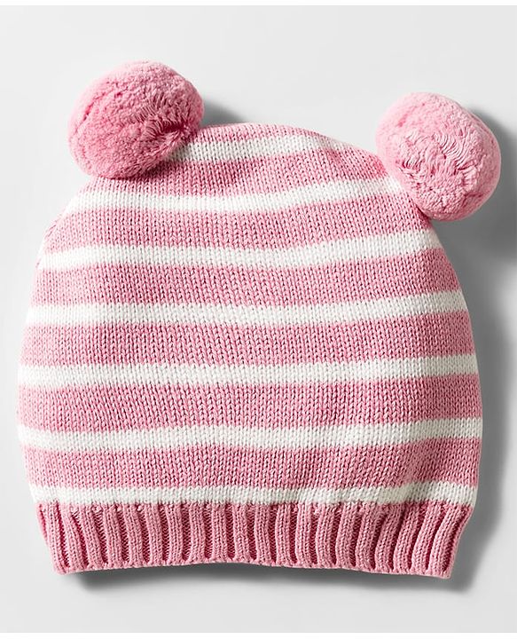 Babyhug Organic Cotton Knit Woollen Cap & Mittens With Teddy & Ear Applique Pink & White - Diameter 9 cm