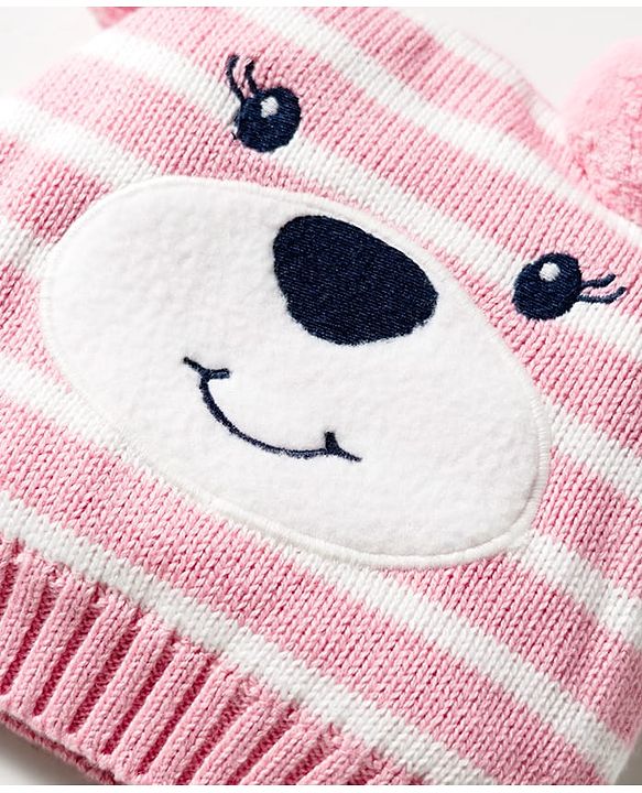 Babyhug Organic Cotton Knit Woollen Cap & Mittens With Teddy & Ear Applique Pink & White - Diameter 9 cm