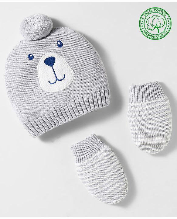 Babyhug Organic Cotton Woollen Knit Cap & Mittens Set with Bear Design & Applique Grey - Diameter 17 cm