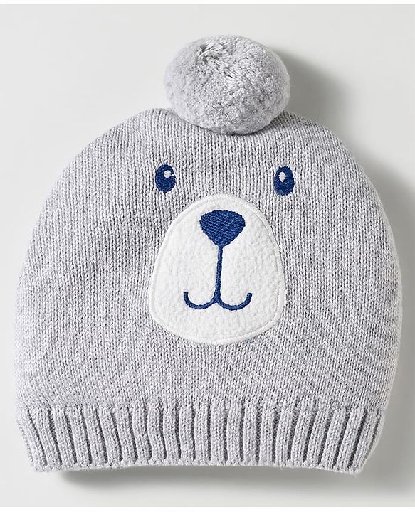 Babyhug Organic Cotton Woollen Knit Cap & Mittens Set with Bear Design & Applique Grey - Diameter 17 cm