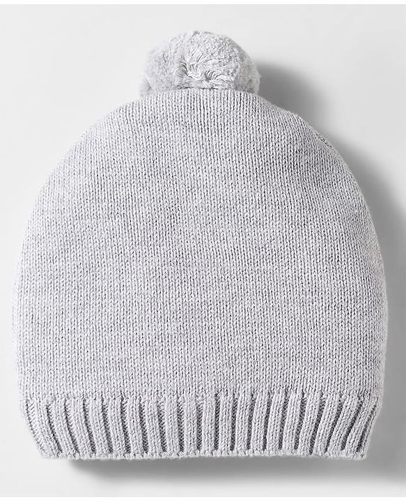 Babyhug Organic Cotton Woollen Knit Cap & Mittens Set with Bear Design & Applique Grey - Diameter 17 cm