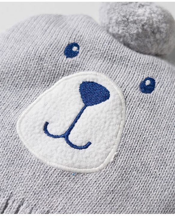 Babyhug Organic Cotton Woollen Knit Cap & Mittens Set with Bear Design & Applique Grey - Diameter 17 cm