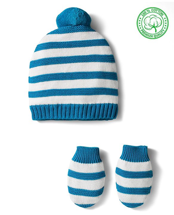 Babyhug Organic Cotton Knit Striped Woollen Cap & Mittens Blue - Diameter 11 cm