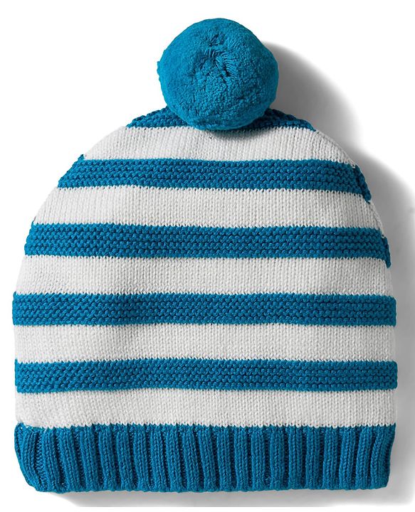 Babyhug Organic Cotton Knit Striped Woollen Cap & Mittens Blue - Diameter 11 cm