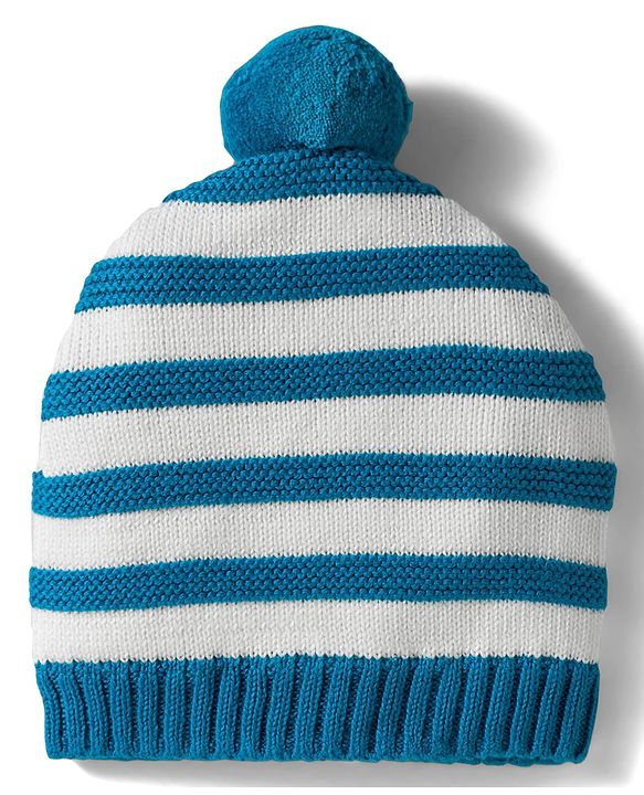 Babyhug Organic Cotton Knit Striped Woollen Cap & Mittens Blue - Diameter 11 cm