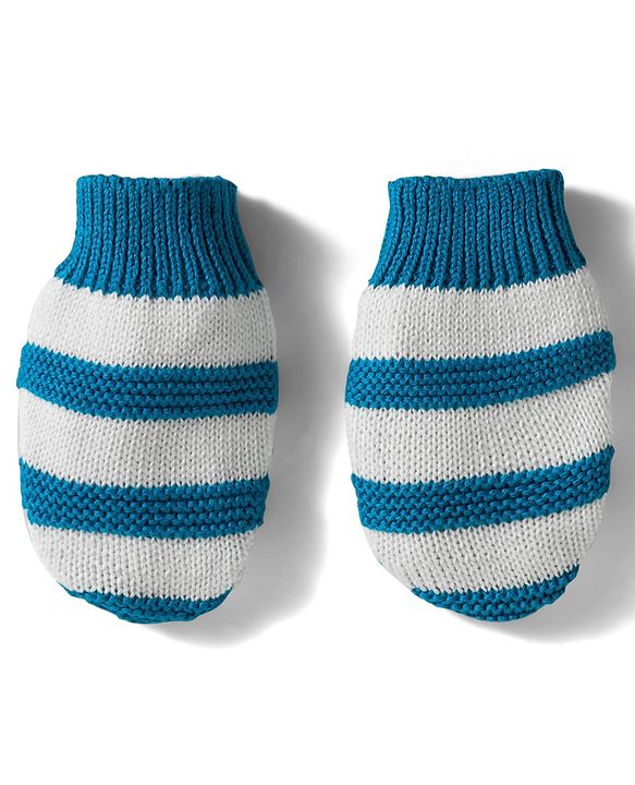 Babyhug Organic Cotton Knit Striped Woollen Cap & Mittens Blue - Diameter 11 cm