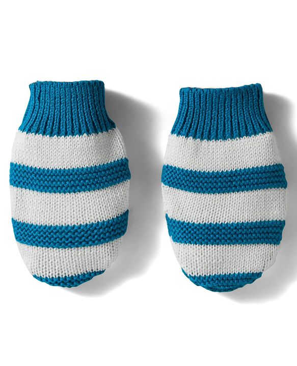 Babyhug Organic Cotton Knit Striped Woollen Cap & Mittens Blue - Diameter 11 cm