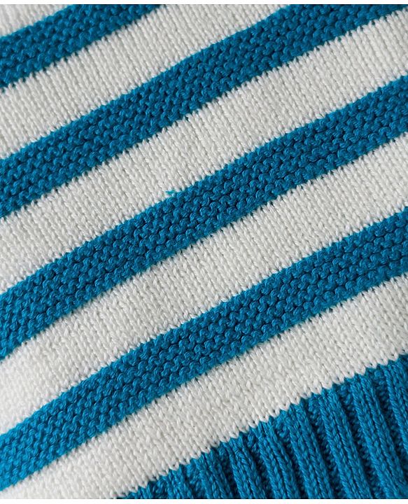 Babyhug Organic Cotton Knit Striped Woollen Cap & Mittens Blue - Diameter 11 cm