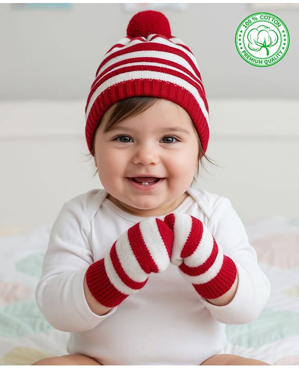 Babyhug Organic Cotton Knit Striped Woollen Cap & Mittens Blue - Diameter 11 cm