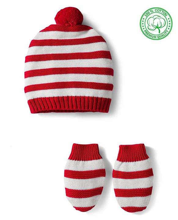 Babyhug Organic Cotton Knit Striped Woollen Cap & Mittens Blue - Diameter 11 cm