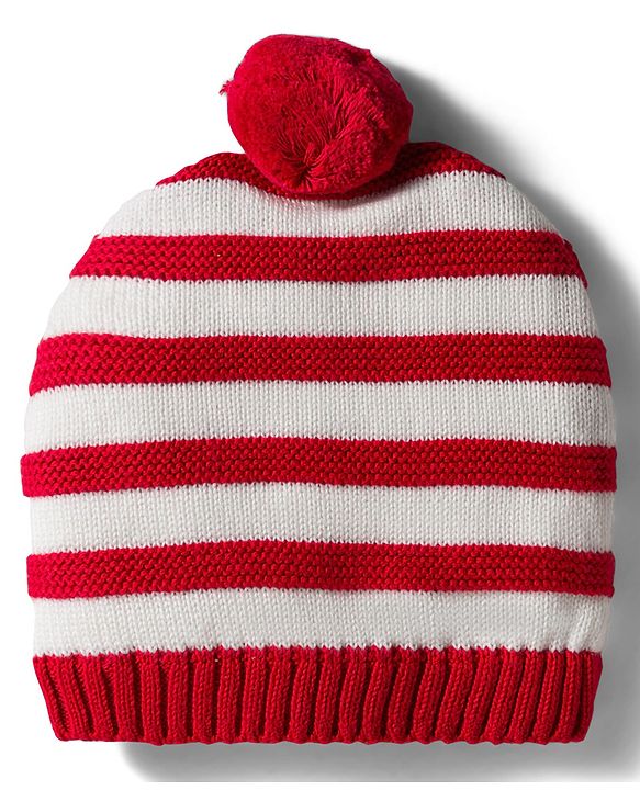 Babyhug Organic Cotton Knit Striped Woollen Cap & Mittens Blue - Diameter 11 cm