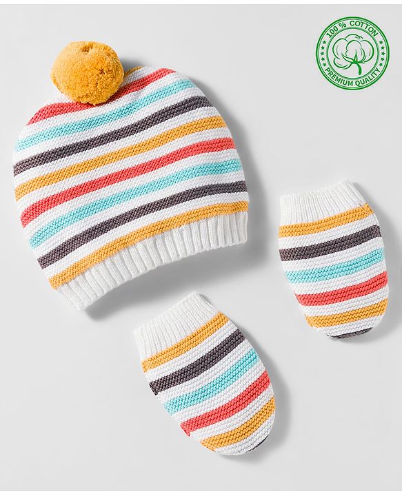 Babyhug Organic Cotton Woollen Knit Cap & Mittens Set with Stripes & Applique Multicolor - Diameter 19 cm
