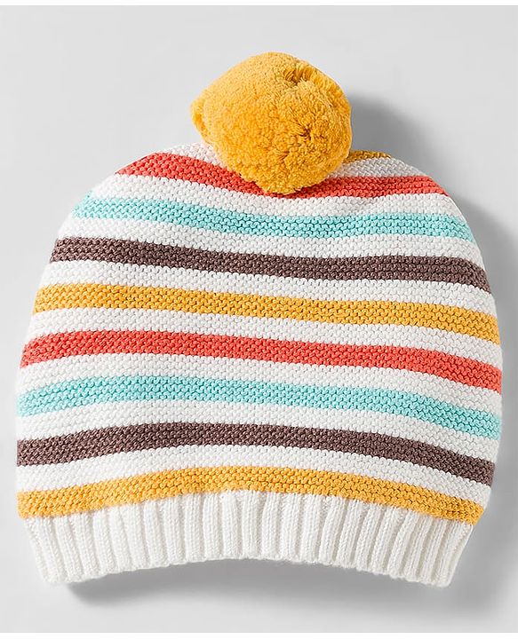 Babyhug Organic Cotton Woollen Knit Cap & Mittens Set with Stripes & Applique Multicolor - Diameter 19 cm
