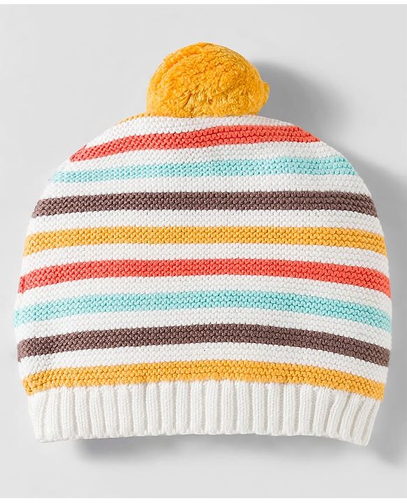 Babyhug Organic Cotton Woollen Knit Cap & Mittens Set with Stripes & Applique Multicolor - Diameter 19 cm