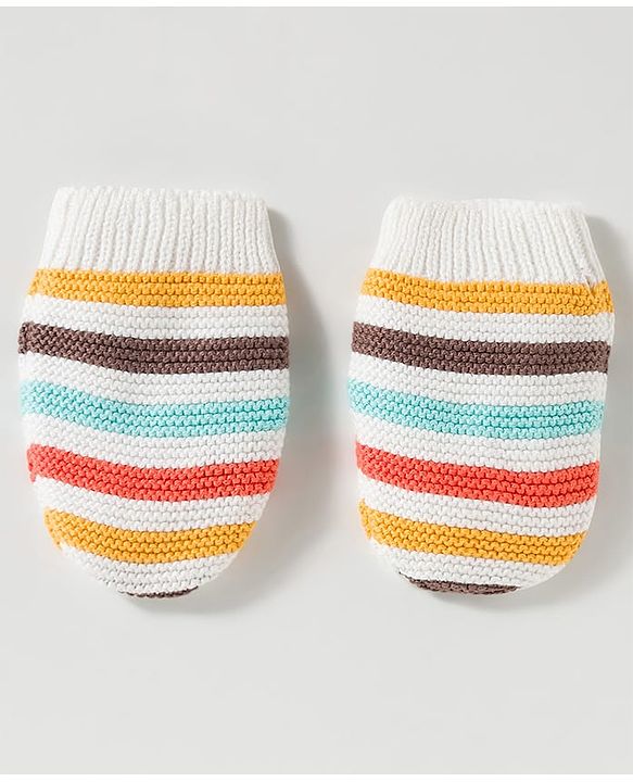 Babyhug Organic Cotton Woollen Knit Cap & Mittens Set with Stripes & Applique Multicolor - Diameter 19 cm