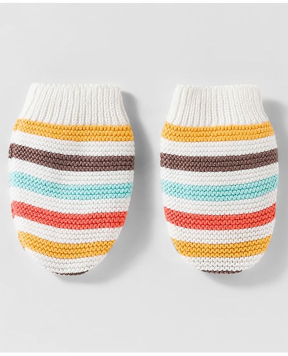 Babyhug Organic Cotton Woollen Knit Cap & Mittens Set with Stripes & Applique Multicolor - Diameter 19 cm