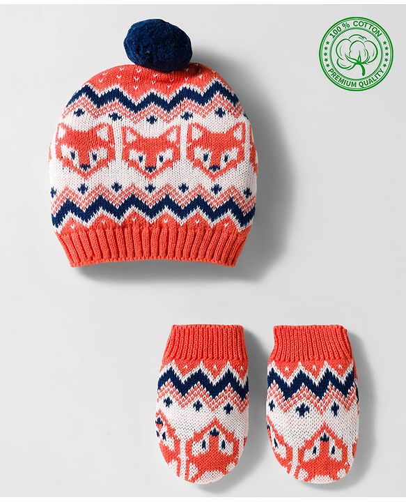 Babyhug Organic Cotton Knit Woollen Cap & Mittens With Fox Design Pink & White - Diameter 15.25 cm