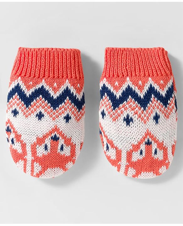 Babyhug Organic Cotton Knit Woollen Cap & Mittens With Fox Design Pink & White - Diameter 15.25 cm