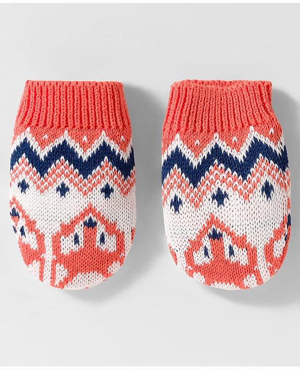 Babyhug Organic Cotton Knit Woollen Cap & Mittens With Fox Design Pink & White - Diameter 15.25 cm