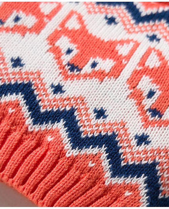 Babyhug Organic Cotton Knit Woollen Cap & Mittens With Fox Design Pink & White - Diameter 15.25 cm