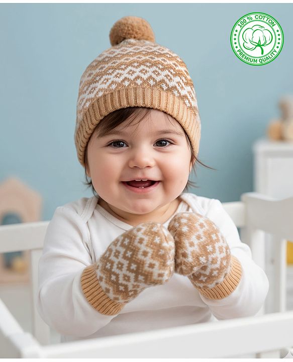 Babyhug Organic Cotton Knit Designed Woollen Cap & Mittens Beige - Diameter 11 cm