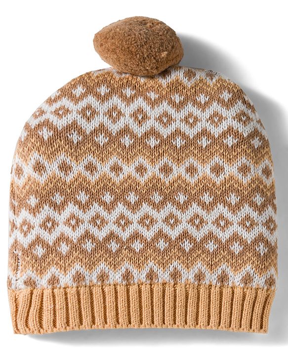 Babyhug Organic Cotton Knit Designed Woollen Cap & Mittens Beige - Diameter 11 cm