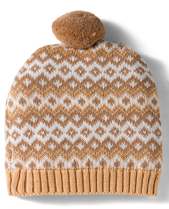 Babyhug Organic Cotton Knit Designed Woollen Cap & Mittens Beige - Diameter 11 cm