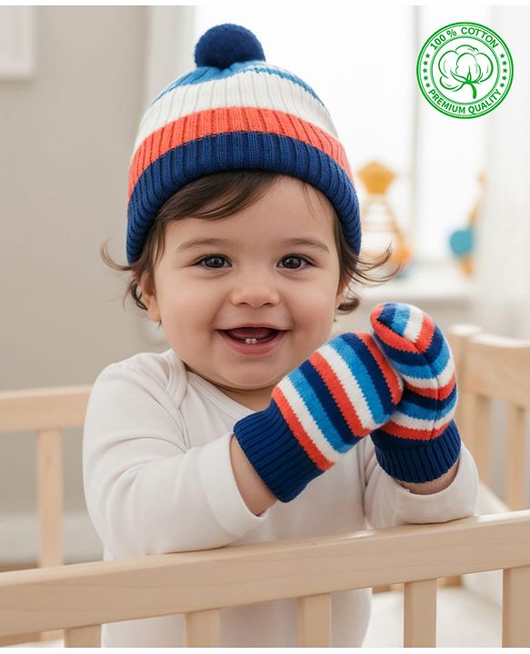Babyhug Woollen Caps & Mitten Set with Stripes Navy Blue White - Diameter 12 cm