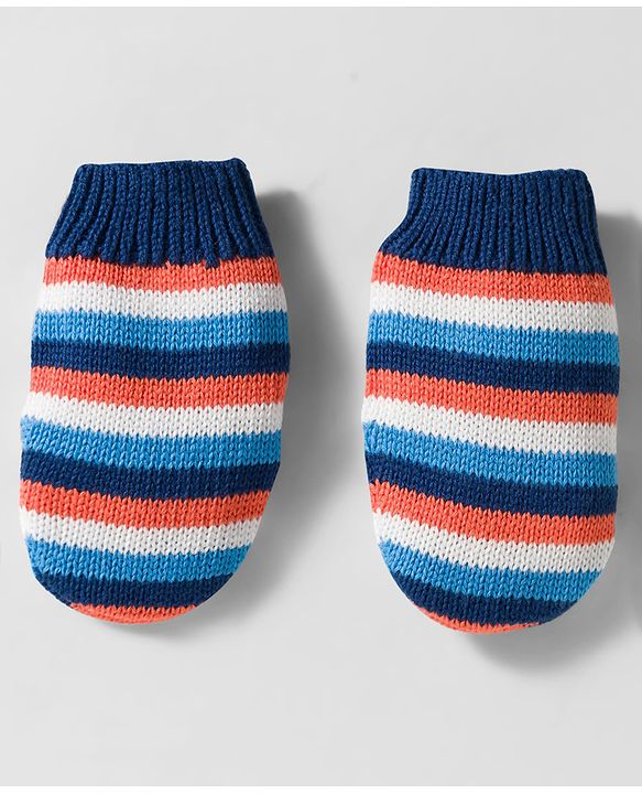 Babyhug Woollen Caps & Mitten Set with Stripes Navy Blue White - Diameter 12 cm