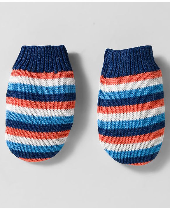 Babyhug Woollen Caps & Mitten Set with Stripes Navy Blue White - Diameter 12 cm