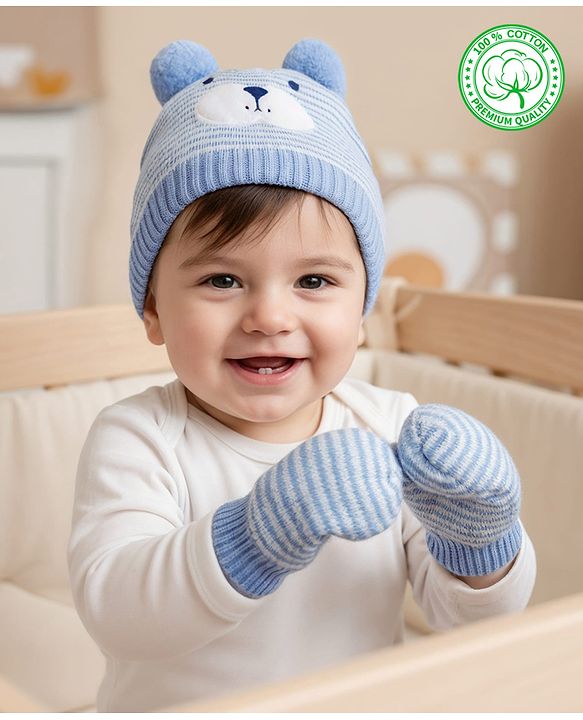 Babyhug Organic Cotton Knit Woollen Cap & Mittens With Teddy & Ear Applique Light Blue & White - Diameter 9 cm