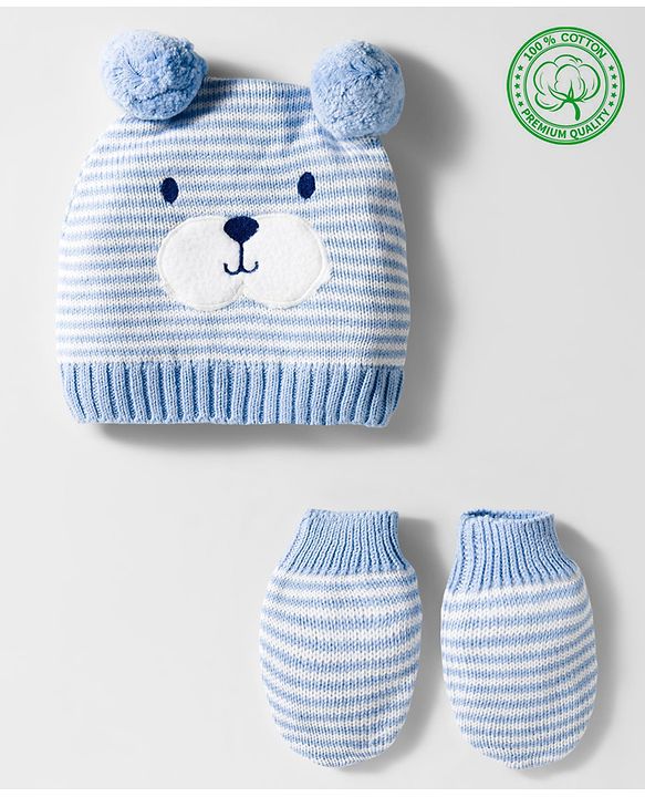 Babyhug Organic Cotton Knit Woollen Cap & Mittens With Teddy & Ear Applique Light Blue & White - Diameter 9 cm