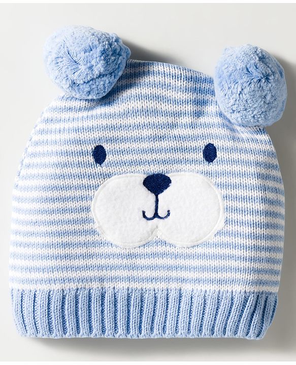 Babyhug Organic Cotton Knit Woollen Cap & Mittens With Teddy & Ear Applique Light Blue & White - Diameter 9 cm