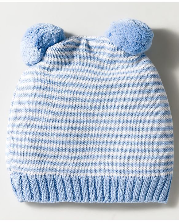 Babyhug Organic Cotton Knit Woollen Cap & Mittens With Teddy & Ear Applique Light Blue & White - Diameter 9 cm