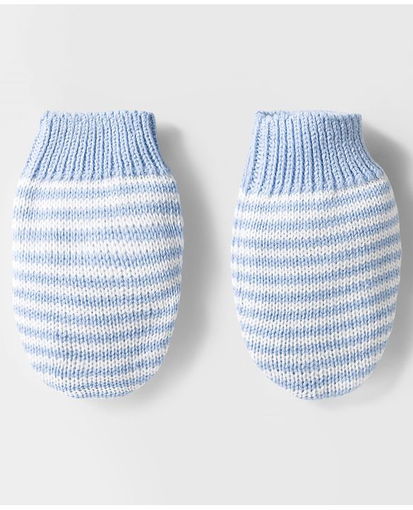 Babyhug Organic Cotton Knit Woollen Cap & Mittens With Teddy & Ear Applique Light Blue & White - Diameter 9 cm