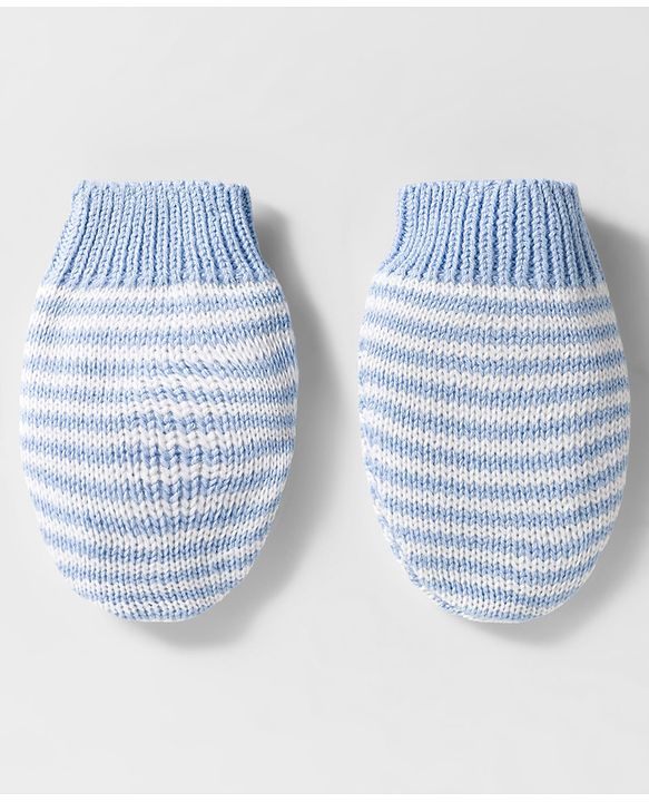 Babyhug Organic Cotton Knit Woollen Cap & Mittens With Teddy & Ear Applique Light Blue & White - Diameter 9 cm